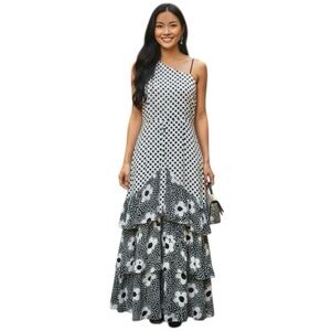 Solitaire One-Shoulder Tiered Black/White Whimsical Fairy Boho Flowy Maxi Size L